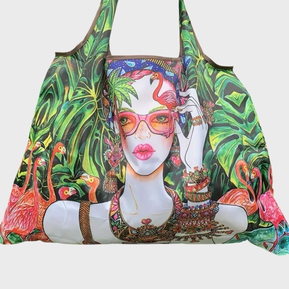 Foldable Nylon Shopping Tote Bag Jungle Flamingo Woman Print Reusable